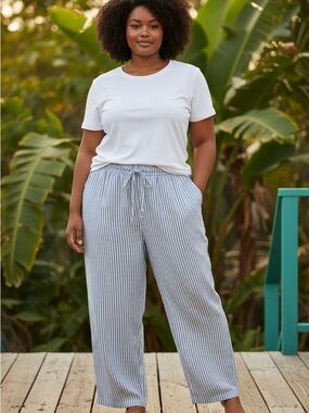 H&M size XL Linen Blend Relaxed Stripe Drawstring Pants - Blue/White